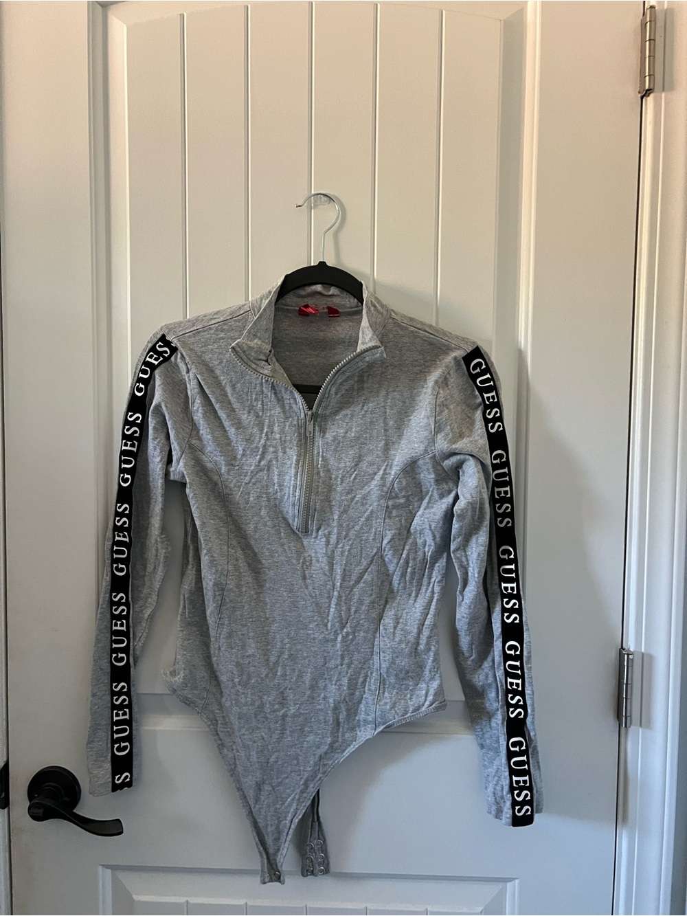 Guess Grey Long-Sleeve Logo-Trim Bodysuit Top
